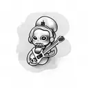 A voodoo doll playing a guitar, with music notes forming its strings tattoo design idea