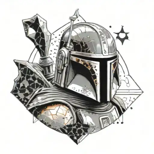 A dotwork design of Boba Fett's armor with a geometric space background and subtle hacking symbols hidden within the details tattoo design idea