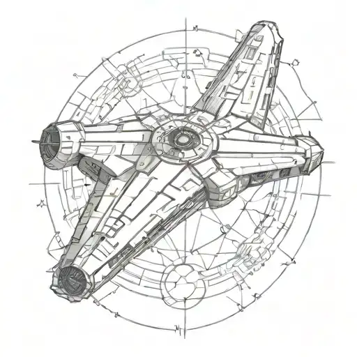 A sketch style tattoo of the Millennium Falcon flying through a geometric space pattern tattoo design idea