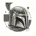 A dotwork design of Boba Fett's armor with a geometric space background and subtle hacking symbols hidden within the details tattoo design idea