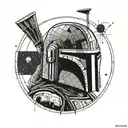 A dotwork design of Boba Fett's armor with a geometric space background and subtle hacking symbols hidden within the details tattoo design idea