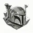 A dotwork design of Boba Fett's armor with a geometric space background and subtle hacking symbols hidden within the details tattoo design idea