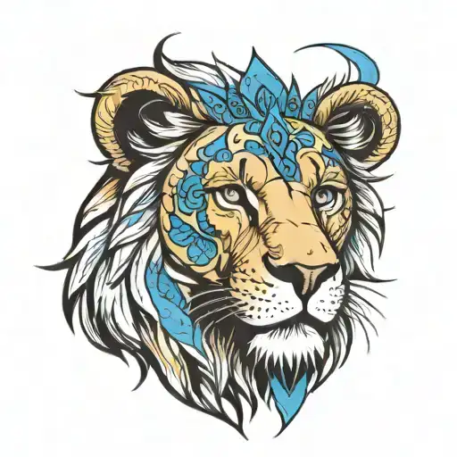 a lion with one blue eye and the other eye is a cross tattoo design idea