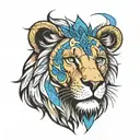 a lion with one blue eye and the other eye is a cross tattoo design idea