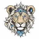 a lion with one blue eye and the other eye is a cross tattoo design idea