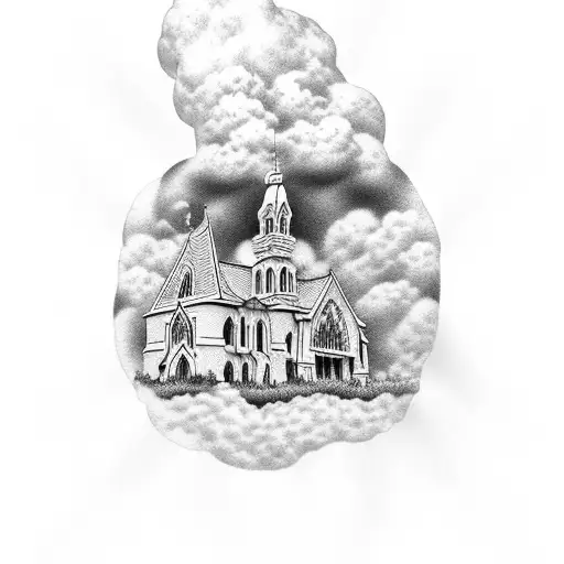 A majestic church surrounded by fluffy clouds tattoo design idea