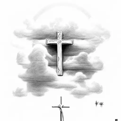 " Philippians 4:13 - I can do all things through Christ who strengthens me." surrounded by clouds with a cross in the ba tattoo design idea