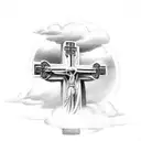 " Philippians 4:13 - I can do all things through Christ who strengthens me." surrounded by clouds with a cross in the ba tattoo design idea