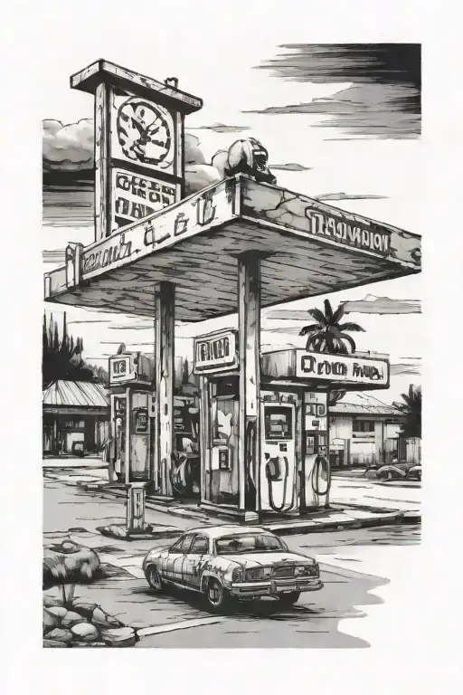 gas station on deserted highway leading towards ruins tattoo design idea