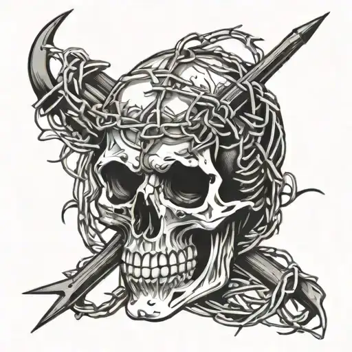 skull with barbed wire wrapped around its tattoo design idea
