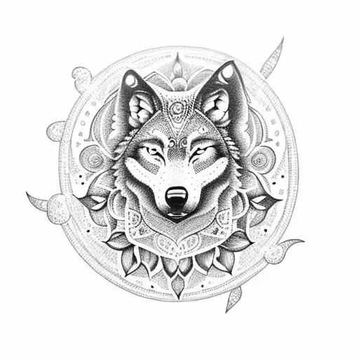 A dark and intricate dotwork tattoo depicting a majestic wolf howling at the moon, surrounded by geometric patterns inspired by mandalas. tattoo design idea