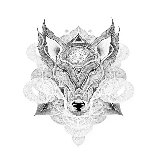 A dark and intricate dotwork tattoo depicting a animal , surrounded by geometric patterns inspired by mandalas. tattoo design idea