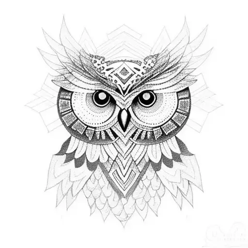 A dark and intricate dotwork tattoo depicting a owl , surrounded by geometric patterns inspired by mandalas. tattoo design idea