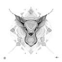 A dark and intricate dotwork tattoo depicting a animal , surrounded by geometric patterns inspired by mandalas. tattoo design idea