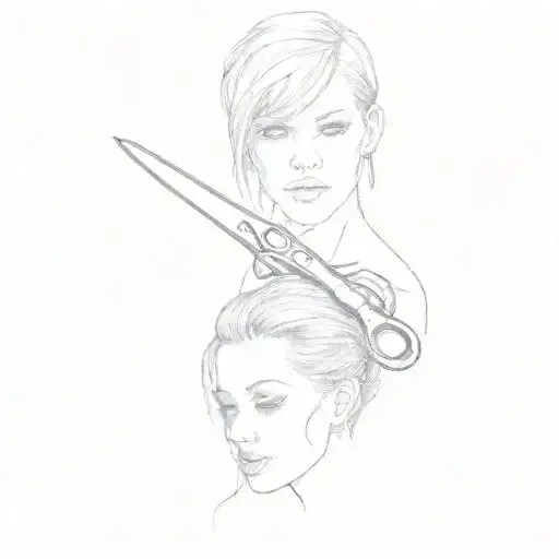 a woman cutting her hair with scissors tattoo design idea