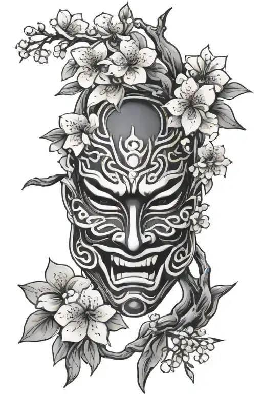 cherry blossom samuri mask tattoo design idea