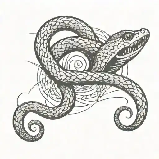 A tattoo depicting a snake eating its own tail in a stylized, abstract perspective symbolizing the cyclical nature of life and death tattoo design idea