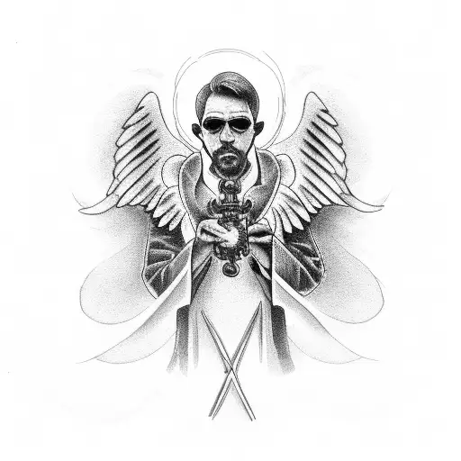 father with a speedometer and cross and angel bird and dates tattoo design idea