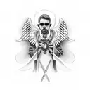 father with a speedometer and cross and angel bird and dates tattoo design idea