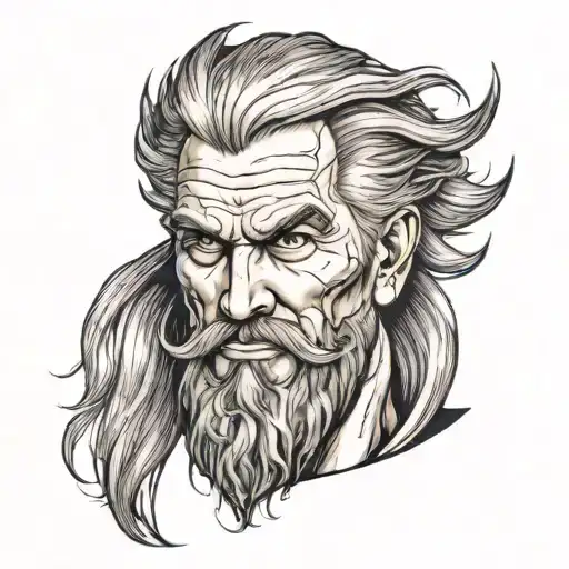 Zues face with long hair and beard holding a lighting bolt tattoo design idea