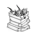 stack of books with toothless and Spyro climbing the stack of books tattoo design idea