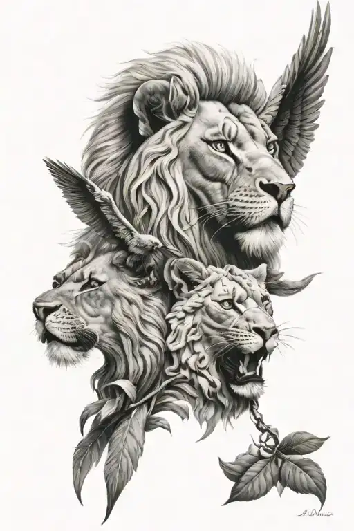 athena and three lions tattoo design idea