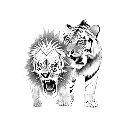 An epic anime fight between a lion and a tiger in blackwork style tattoo design idea