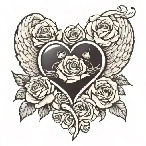 Black heart tattoo with white angel wings and a white rose inside.  tattoo design idea
