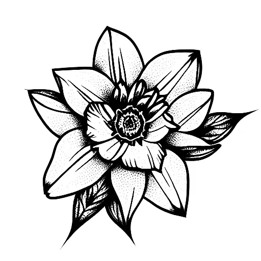 larskpur flower, Daffodil flower, and Aster flowers with leaves tattoo design idea
