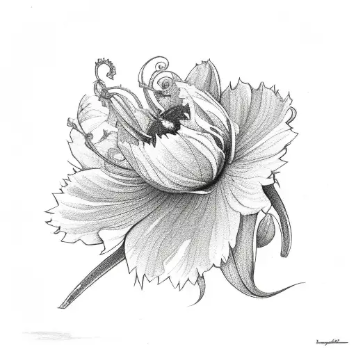 Vine with a larskpur, Daffodil, and Aster flower on it with leaves   tattoo design idea