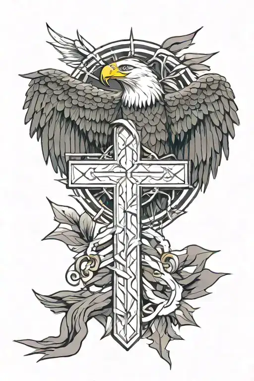 fallen soldier cross with bald eagle soaring tattoo design idea
