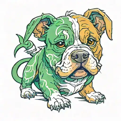 a brown tan and white pit bull with green hair like broly from dragon ball z  tattoo design idea
