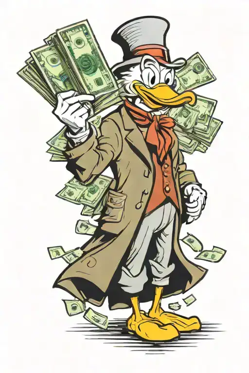 The hero of the cartoon - Scrooge mac Duck, stands and holds two bags of money in his hands, the emblem of the dollar on tattoo design idea