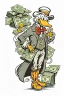 The hero of the cartoon - Scrooge mac Duck, stands and holds two bags of money in his hands, the emblem of the dollar on tattoo design idea