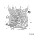 An intricate black-grey tattoo design of the iconic couch from the Friends TV show surrounded by stars and seagulls, reflecting your love for TV shows and favorite things tattoo design idea