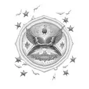 An intricate black-grey tattoo design of the iconic couch from the Friends TV show surrounded by stars and seagulls, reflecting your love for TV shows and favorite things tattoo design idea