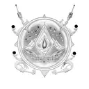 An intricate black-grey tattoo design of the iconic couch from the Friends TV show surrounded by stars and seagulls, reflecting your love for TV shows and favorite things tattoo design idea