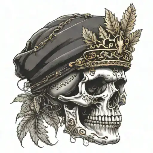 A dotwork design of a skull wearing a crown made of gold chains, with marijuana leaves growing out of its eye sockets tattoo design idea