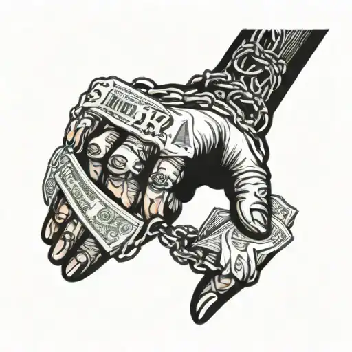 A blackwork tattoo of a powerful fist gripping a wad of cash and a burning joint, with gold chains wrapping around the arm tattoo design idea