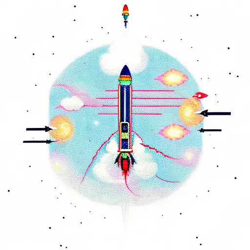 A traditional style rocket ship blasting off into space with a DNA double helix trail tattoo design idea