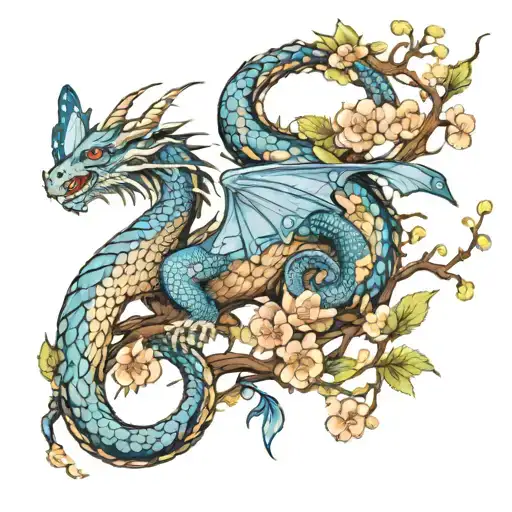 realistic dragon with charry blossom tree and blue butterflies tattoo design idea