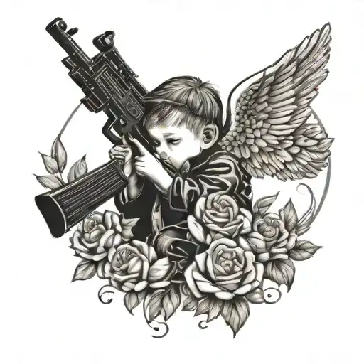 gangster baby angel with kalashnikov shooting roses tattoo design idea