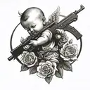 gangster baby angel with kalashnikov shooting roses tattoo design idea