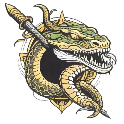 snake with mouth open around the sword  tattoo design idea