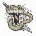 snake with mouth open around the sword  tattoo design idea