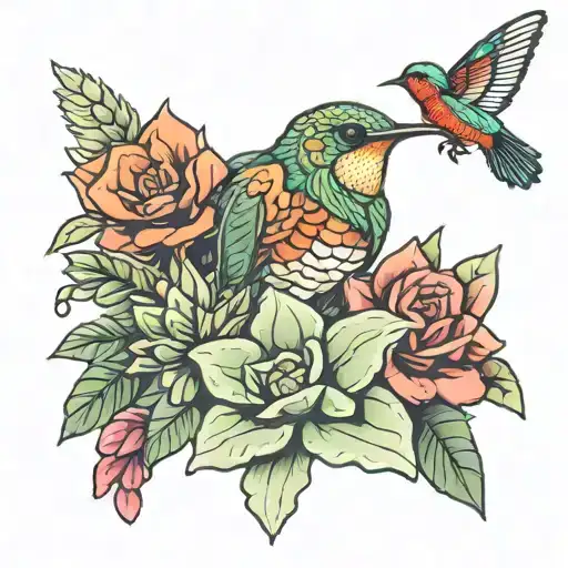 succulent hummingbird flower day of the dead cactus  tattoo design idea