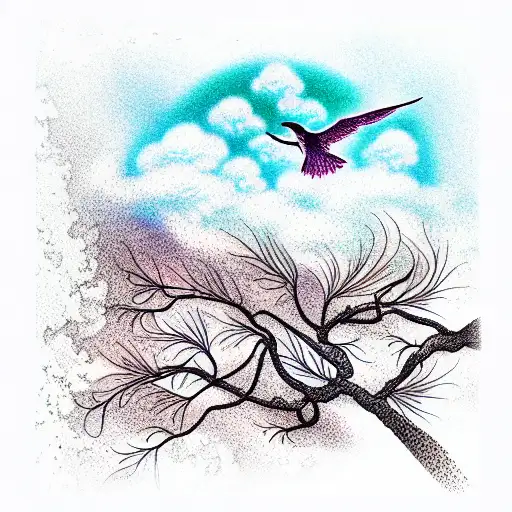 gradient anime sky with birds tattoo design idea