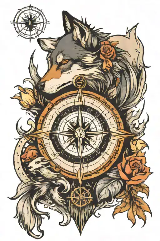 compass, wolf, moon,  tattoo design idea