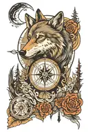 compass, wolf, moon,  tattoo design idea