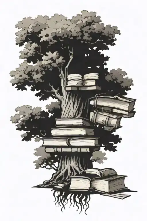 oak tree growing out of a stack of books tattoo design idea